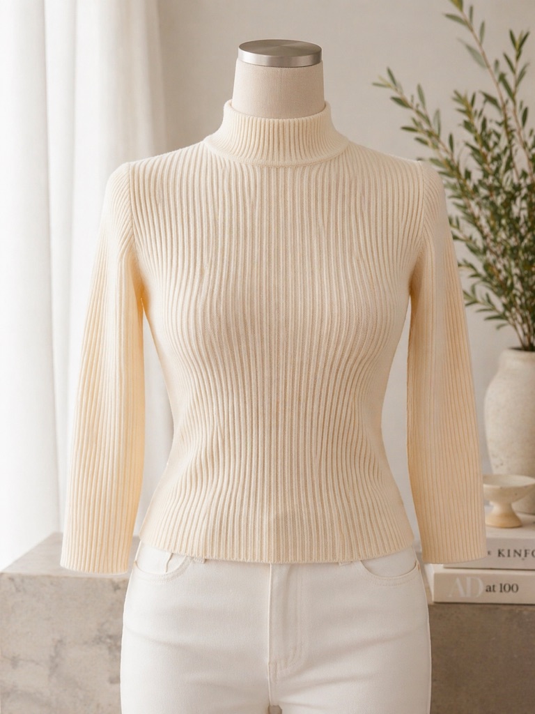 St John Sport Ivory Rib Knit Mock Neck Sweater Wool Blend S